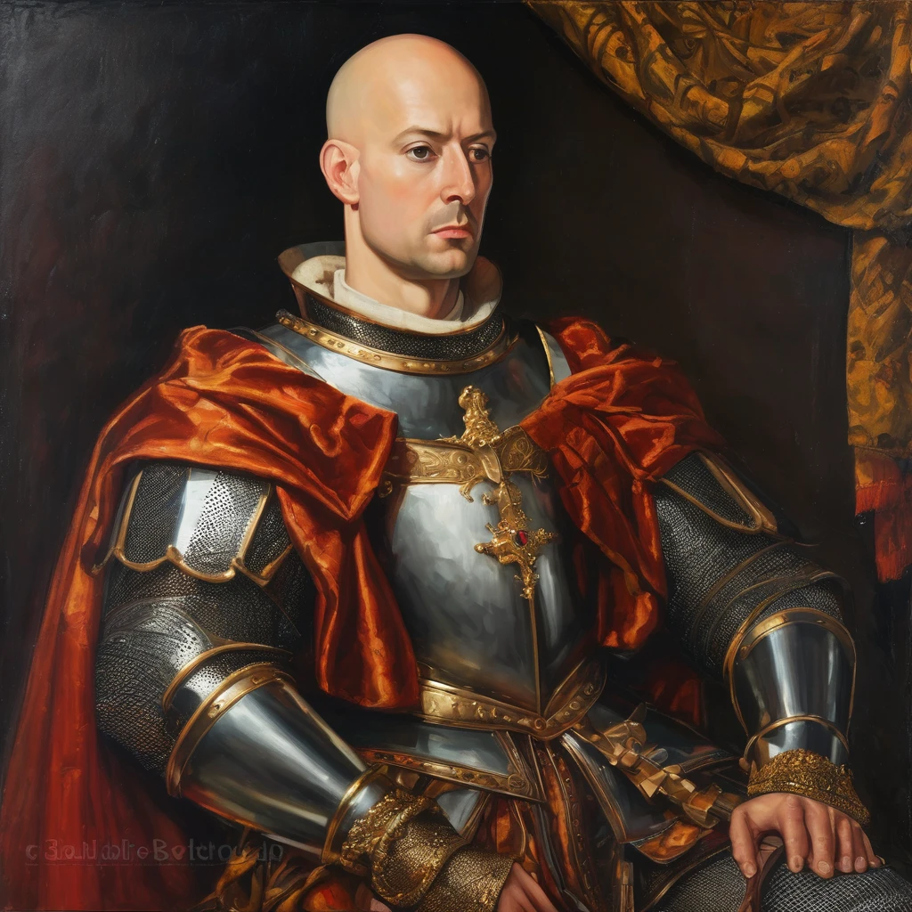 a an oil painting of a king, king in armor, Medieval European king, holding crown in hand, ((no hair)), bald,Baldy,