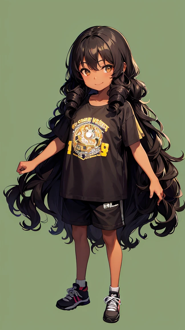 (Girl1,10 years old,standing,black skin,brown eyes,black hair,long hair curly),t-shirt,short pants,smile,green background,hd,highly detailed 