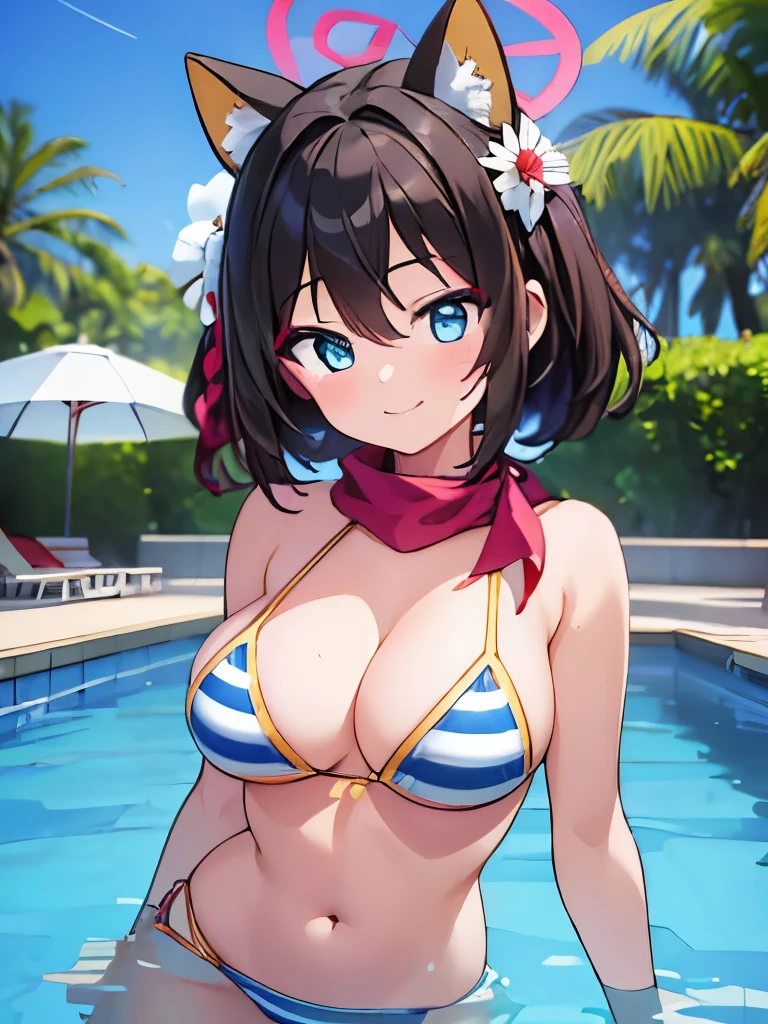 ((masterpiece)), ((best quality)), (ultra-detailed), anime style, pool, a cute girl, 1girl, solo, ((beautiful eyes)), smile, bikini00,
