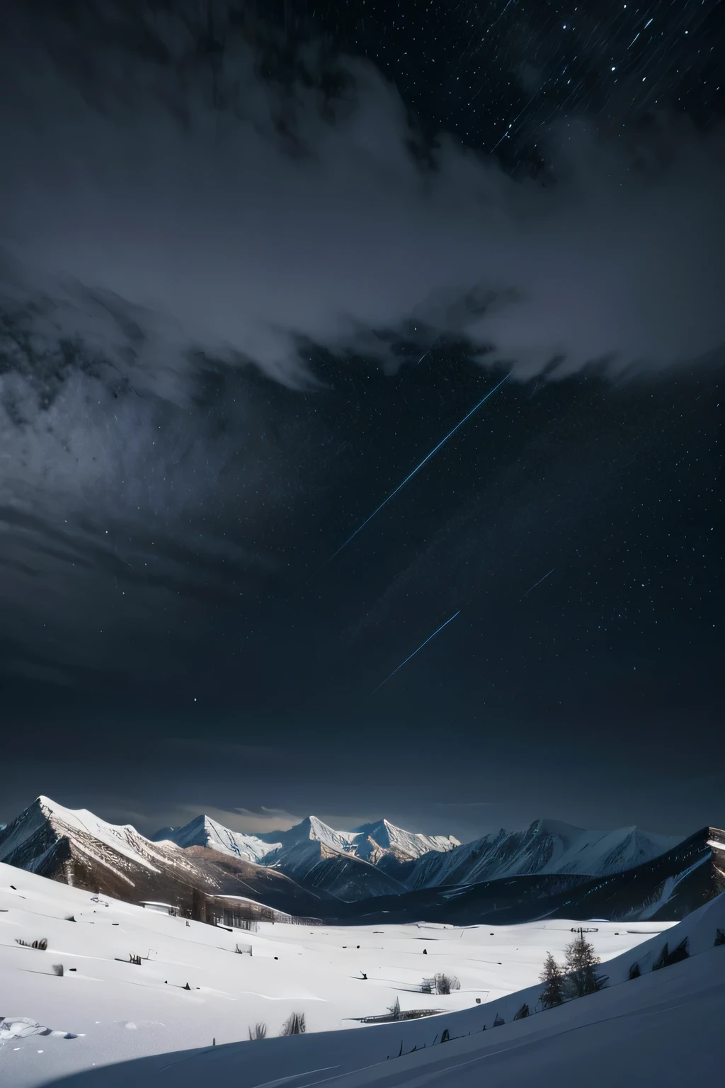 A landscape of a blizzard ,dark sky,snow falling,Vents, in the background frozen mountains