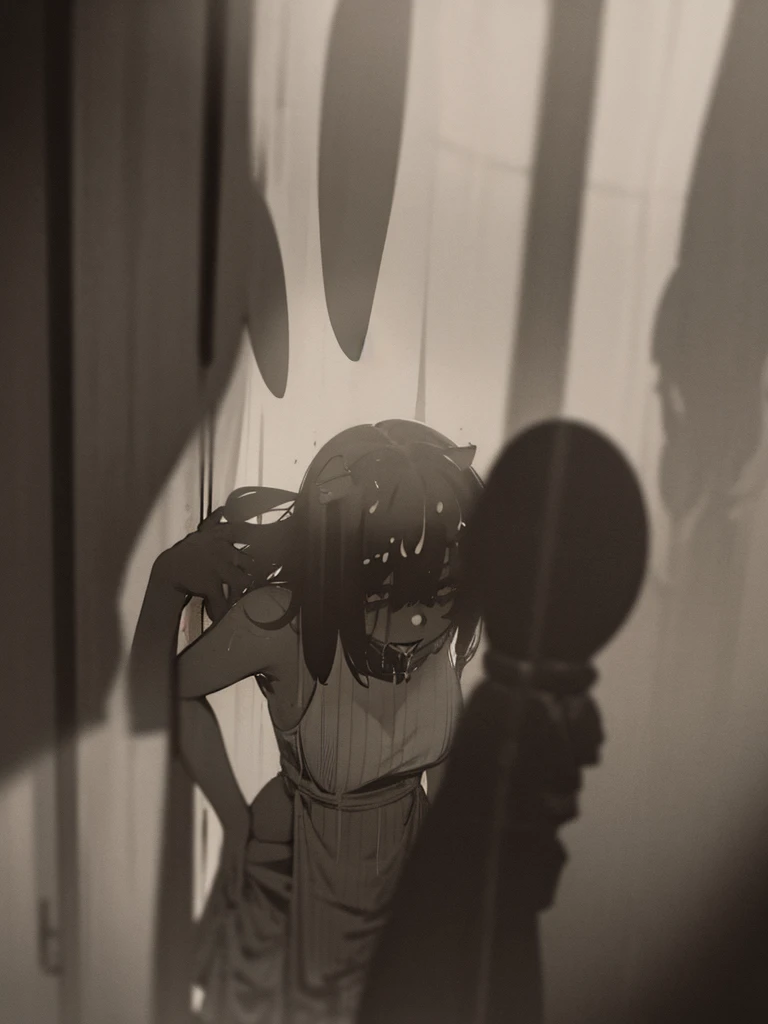 In a dark haunted house, horror, fear , It's muggy , steamy , rabbit ear girl , holding back pee , Shadows seen through the curtains , doggy style , blow job , hard core , orgasm , nudity