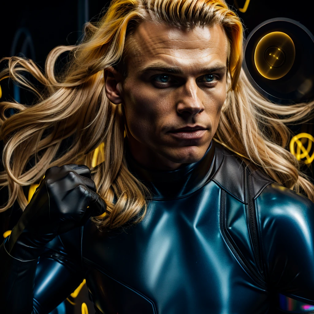 A muscled young beauty man wearing dark gray latex with brilliant yellow hologram ancient unknown characters projected by the suit on the air around him. He has a very long blonde and golden hair. Ultrarealistic Art in 4k. He IS running on a speed light and left behind him E=MC2 and 299 792 458 floating on the air.