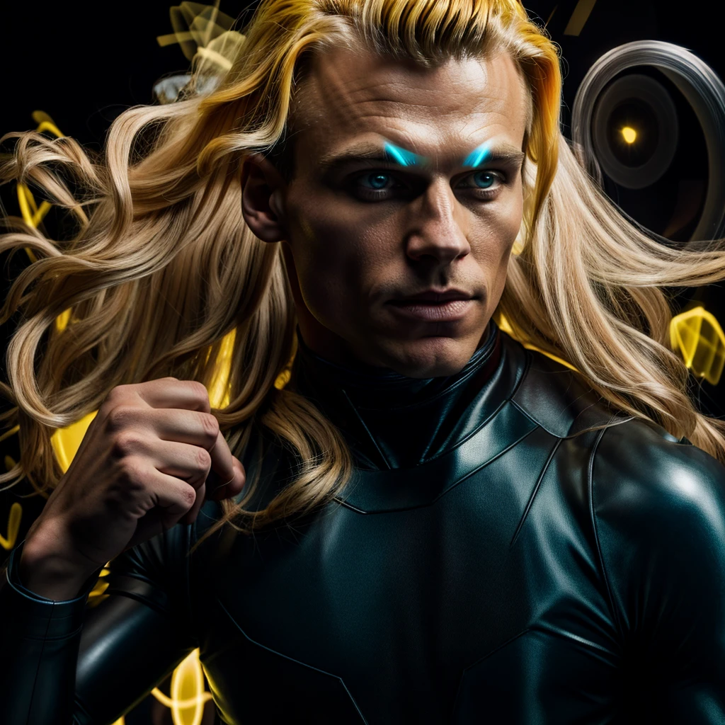 A muscled young beauty man wearing dark gray latex with brilliant yellow hologram ancient unknown characters projected by the suit on the air around him. He has a very long blonde and golden hair. Ultrarealistic Art in 4k. He IS running on a speed light and left behind him E=MC2 and 299 792 458 floating on the air.