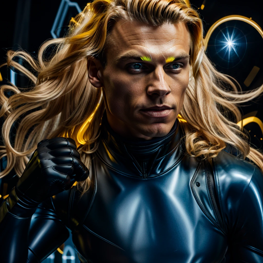 A muscled young beauty man wearing dark gray latex with brilliant yellow hologram ancient unknown characters projected by the suit on the air around him. He has a very long blonde and golden hair. Ultrarealistic Art in 4k. He IS running on a speed light and left behind him E=MC2 and 299 792 458 floating on the air.