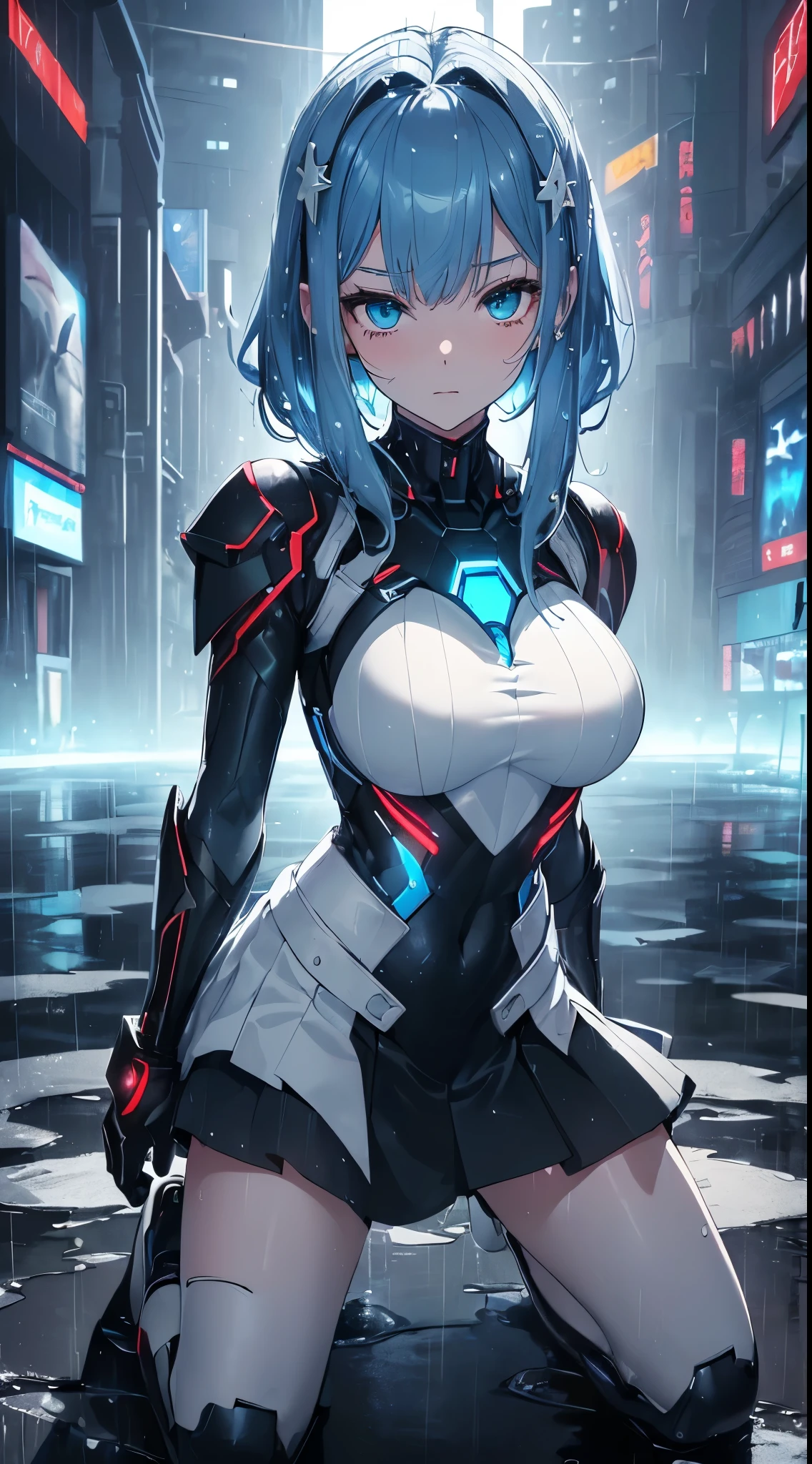 top-quality、Top image quality、masterpiece、Android Girl((sixteen years old,Body full of scars、Broken cybersuit glowing black, red and white、Blue energy source for the chest,Best Bust、Bust 90、Light blue shiny hair、Longhaire,Cyber Skirt、Blue-green eyes、open chest wide、Valley、Happiness、A slender、the whole body is wet、Fall to the floor、Kneeling))hiquality、Beautiful Art、Background with((Magical Night City、Very heavy rain))、masutepiece、Elaborate design、visualart、Theatrical films
