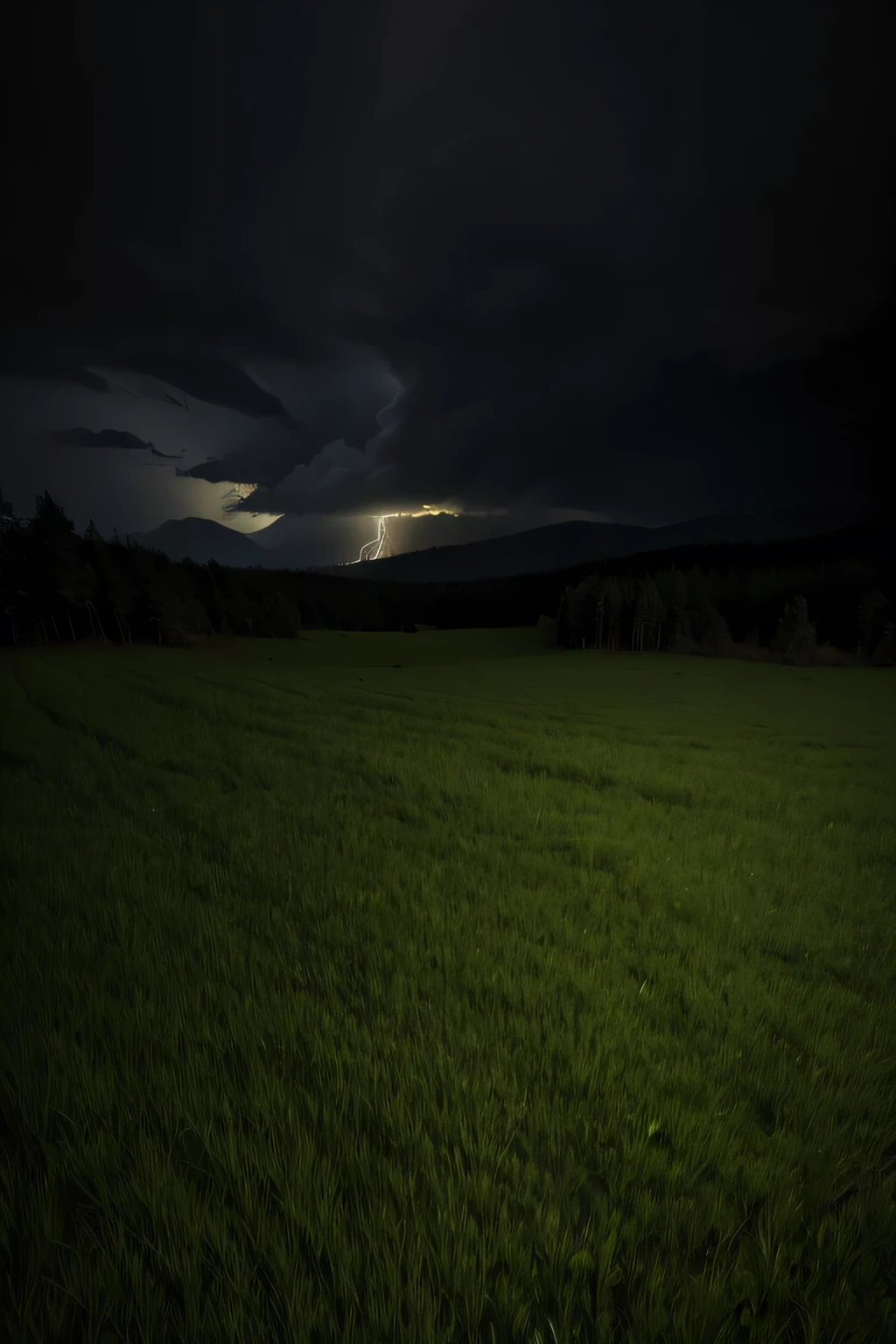 a rainy night forest,Tall Grass,muck ,intense rain ,darkness on the horizon,chilly