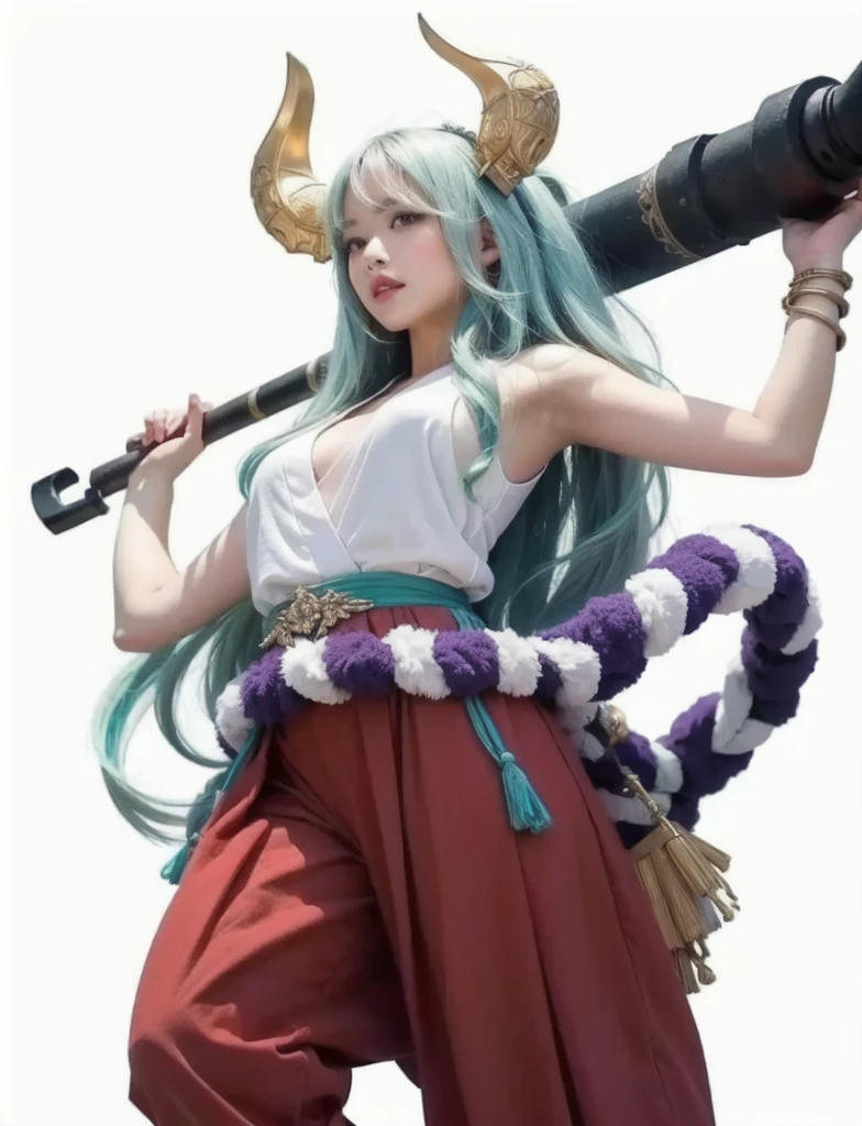 cute jananense girl, Wearing a white sleeveless kimono, gian iron mace, realistic