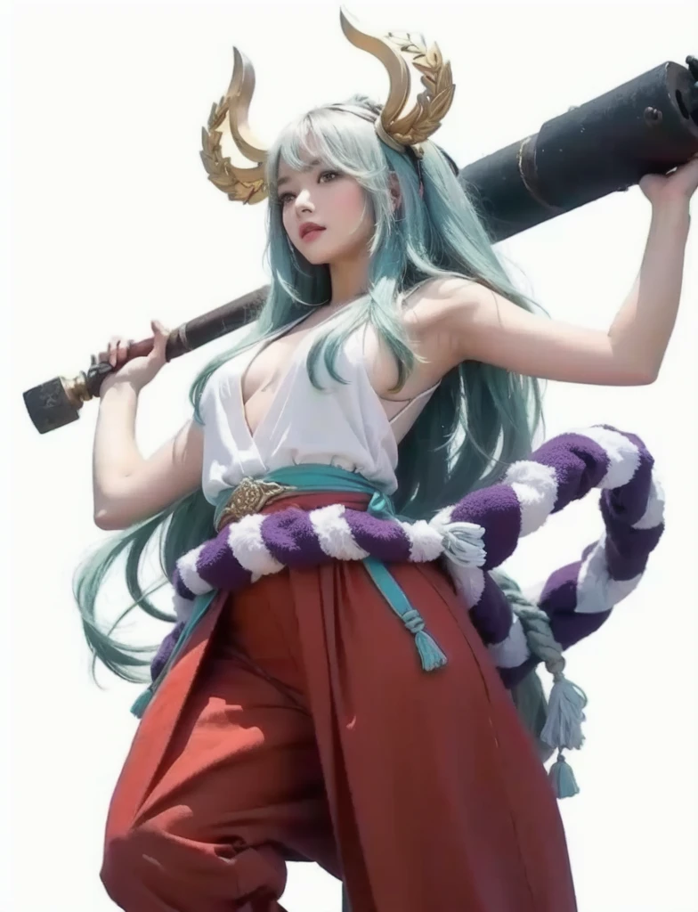 cute jananense girl, Wearing a white sleeveless kimono, gian iron mace, realistic