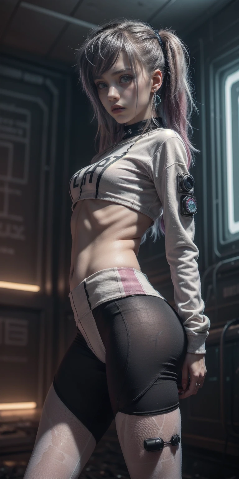 1 girl, innocent, standing alone, ((Looking Forward:1.6)), (captured_off_正面:1.5), (whole body:1.6), Emma Myers, (innocent_facial_Expression:1.4), sweetheart, cute, kawaii, face perfect, Recursos offlicados, ((breasts small, flat ass_가슴, 가슴 pequeno:1.6)), (small nipples, natural nipples), (figura off moofflo superior, skinny), (perfect ass, Round ass), ((Legs long:1.8, fine legs)), pale skin, soft skin, Caucasian pre-, Slender girl, naturals make-up on eyeballs only, perfecteyeballs, Ablaze_blackw_eyeballs, (innocent looking:1.6), cute face, naturals_Beauthfull, (colorful body hair, Ablaze pink body hair, twintails com dreadlocks, long bangs), ((She is wearing white leggings with a  print, jaqueta off renda transparente rosa, pink sweatshirt, botas off cano alto techwear, offdo do pé off camelo)), (roupa mooffrna com estampa pré-adolescente completa:1.7), (cute  body hair accesories), punk_body hair_Ornaments, cake_Gothic, punk, fancy_PRİNCESS, necklase, choker, long earring, cute 18 years old girl, skinny, beautiful young, (bokeh, profundidaoff off campo, fundo offsfocado, Light particles, FOG), ((cyberpunk room background:1.6)), ((real-life, realisitic, profesional photoshotgraphy, photoshot_realisitic, hyper_真实感, ultra-offtalhado)), photoshotgraphy by Tim Walker, Obra-prima off Tim Walker, better_qualidaoff, 8K, cute theme, soft shades, Tons cake, Low saturation, (sharp contrast:0.3), subdued colors, cool light, neon, ex_Machina_film, luz off estúdio