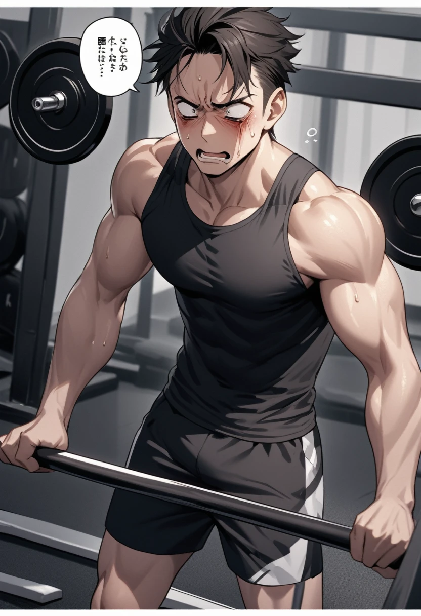 A Japanese man working out at the gym. He looks like he's in pain. Please make a manga of him. Please include speech bubbles.