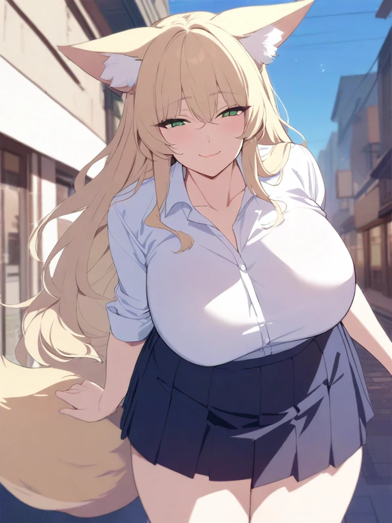 masterpiece, best quality, high quality, beautiful anime character, solo, anime girl with blonde hair, messy hair, long hair, green eyes, fox ears, big breasts, mature female, tall female, big girl, thick, (naughty face, light smile, loving eyes), outdoors, (white shirts, dark blue pleated skirt), huge fox tail, school girl, white socks, street background,