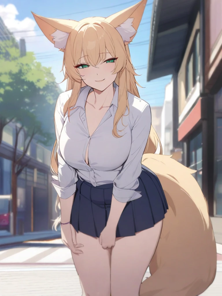 masterpiece, best quality, high quality, beautiful anime character, solo, anime girl with blonde hair, messy hair, long hair, green eyes, fox ears, big breasts, mature female, tall female, big girl, thick, (naughty face, light smile, loving eyes), outdoors, (white shirts, dark blue pleated skirt), huge fox tail, school girl, white socks, street background,