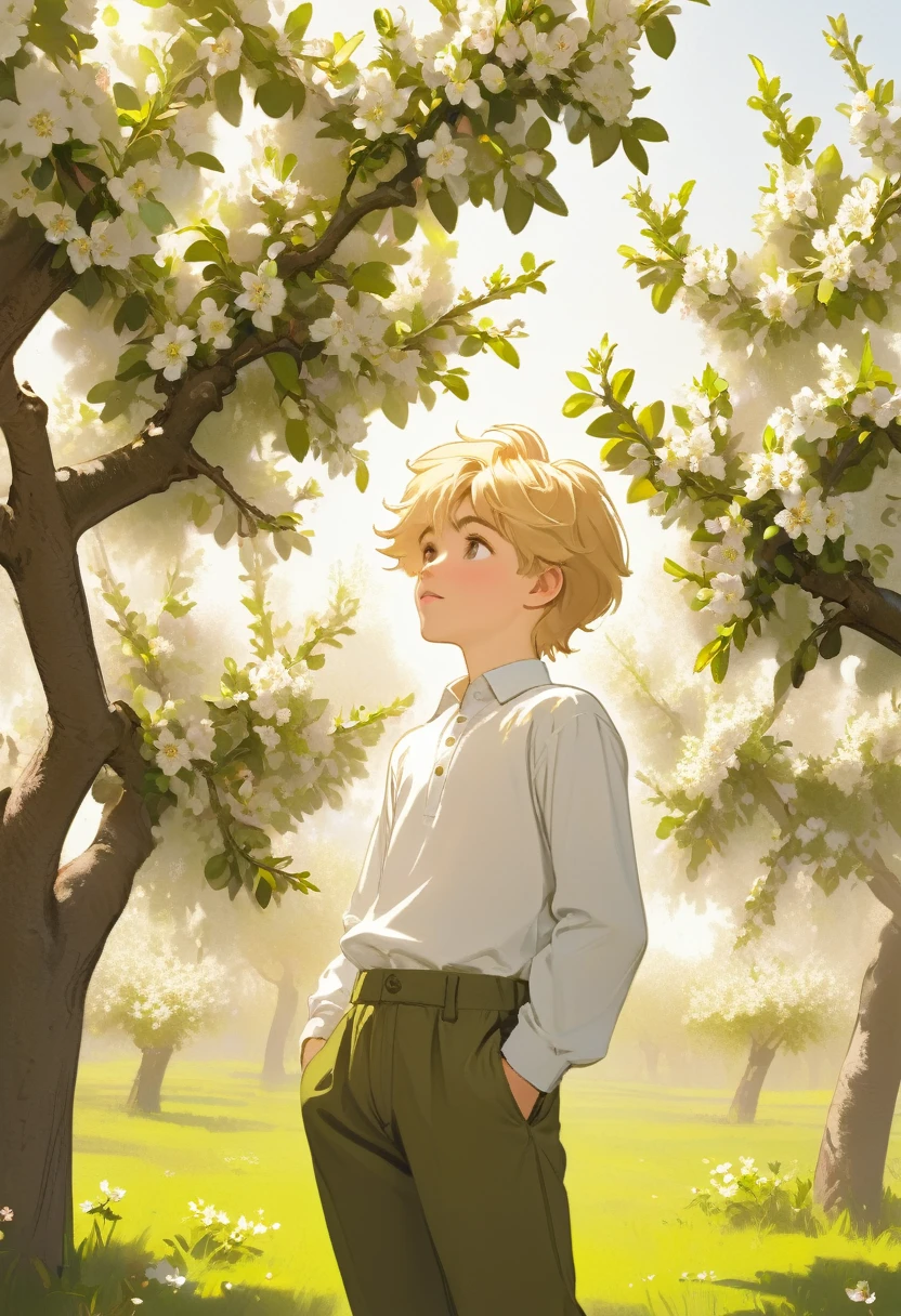 A Russian boy with blond hair in a white long-sleeve shirt and olive pants leans his back on a blooming apple tree and looks up 