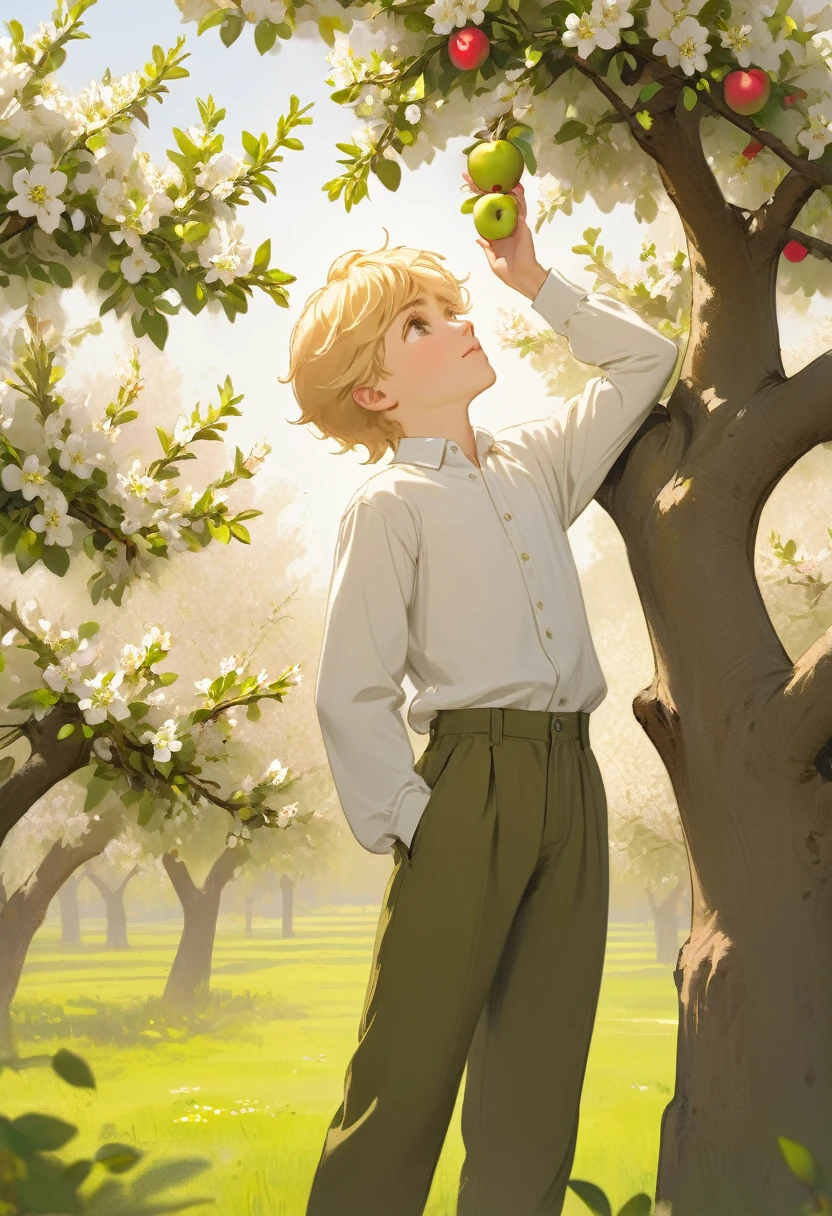 A Russian boy with blond hair in a white long-sleeve shirt and olive pants leans his back on a blooming apple tree and looks up 