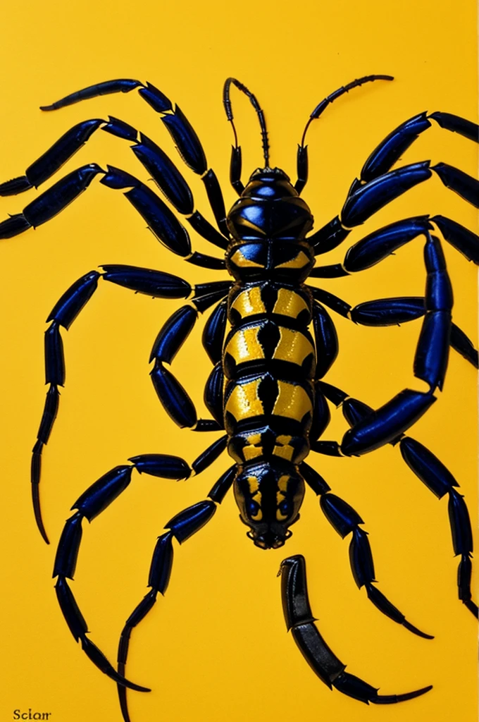 A realistic and non-scary scorpion. Golden colored scorpion with blue and yellow background.