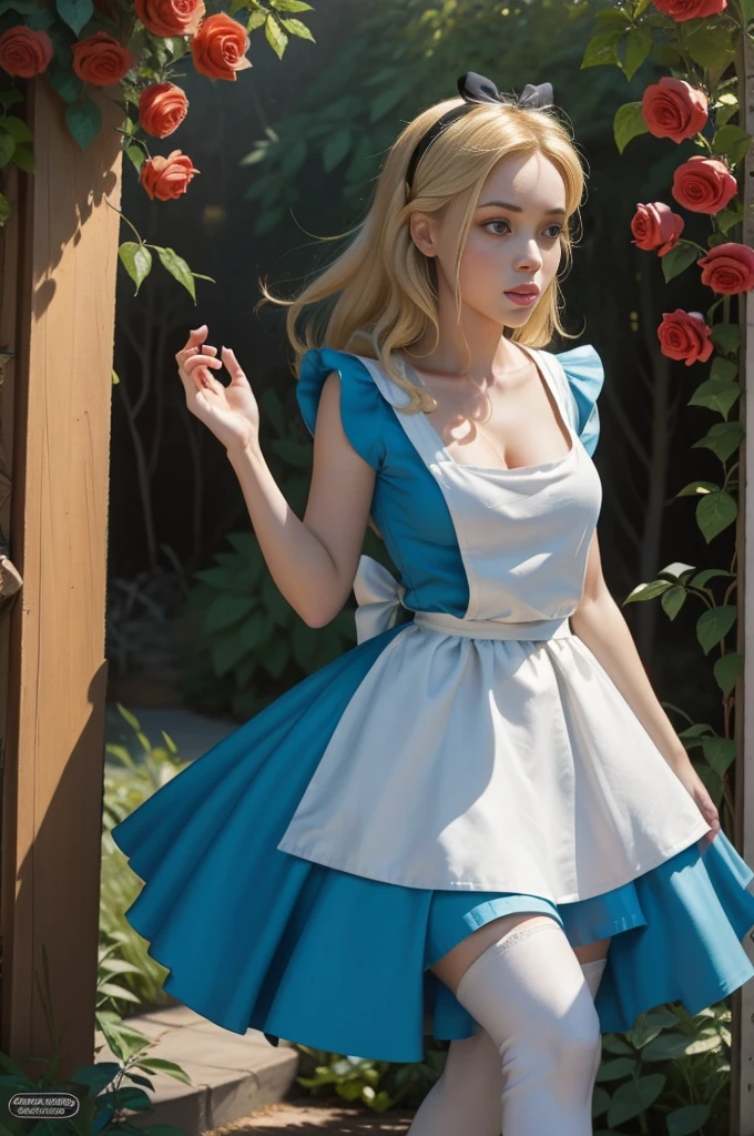 masterpiece, 1girl, solo, a sexy Alice in Wonderland with blonde hair, powder blue dress with white apron, white stockings, cleavage, dynamic, ultra high def, 32k, (perfect anatomy:1.5), perfect legs, in the style of Artgerm and Adam Hughes, perfect arms, in a rose garden