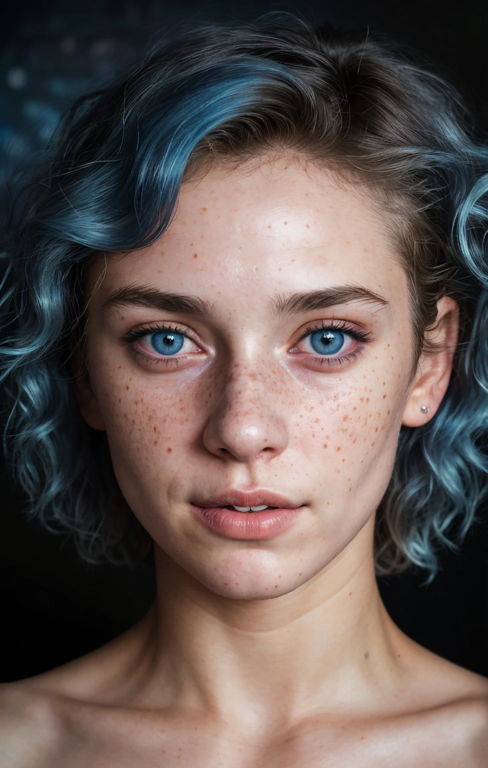 (Close-up, editorial photograph of a 21 year old woman), (highly detailed face:1.4) (smile:0.7) (background inside dark, moody, private study:1.3) POV, by lee jeffries, nikon d850, film stock photograph ,4 kodak portra 400 ,camera f1.6 lens ,rich colors, hyper realistic ,lifelike texture, dramatic lighting , cinestill 800, wavy hair, messy hair, curls, Short hair, Mischievous smirk, Blue hair, Blue Eyes, freckles, White Skin, Sci Fi, Spaceship, Cyberpunk, Futurism, Technocratic Union, Astral Plane, European expressions, European woman, European skin, naked, Athletic body