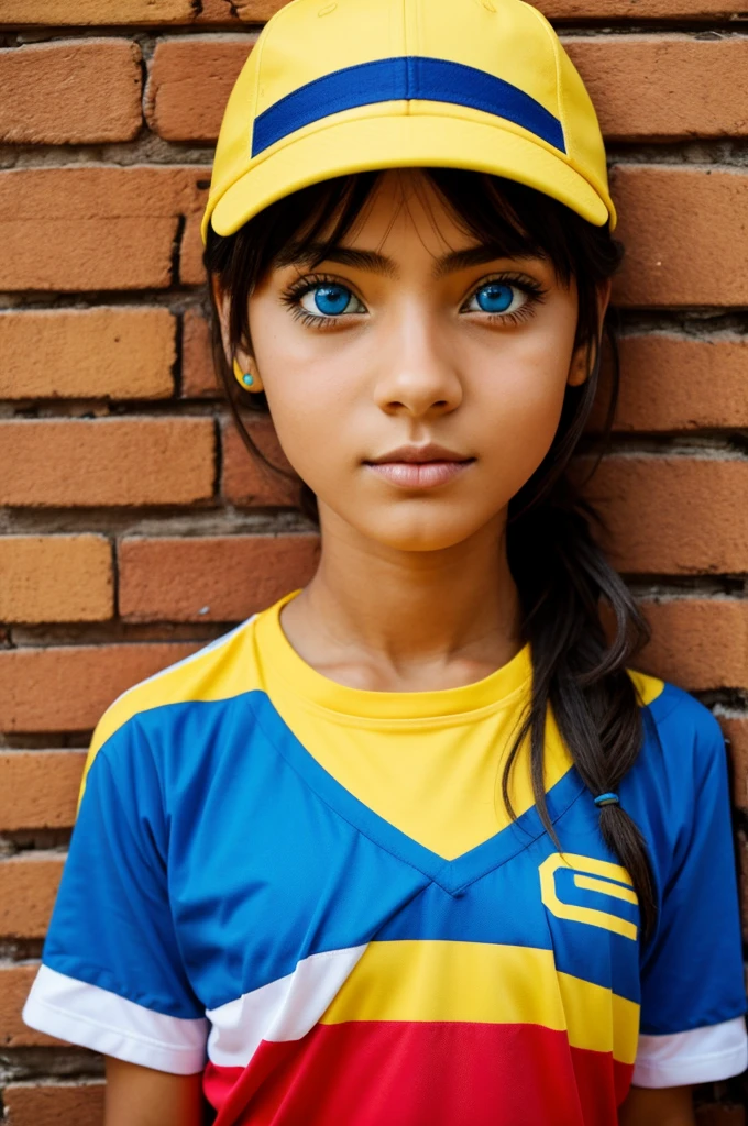 Girl with the Colombia shirt, with blue eyes and amine style