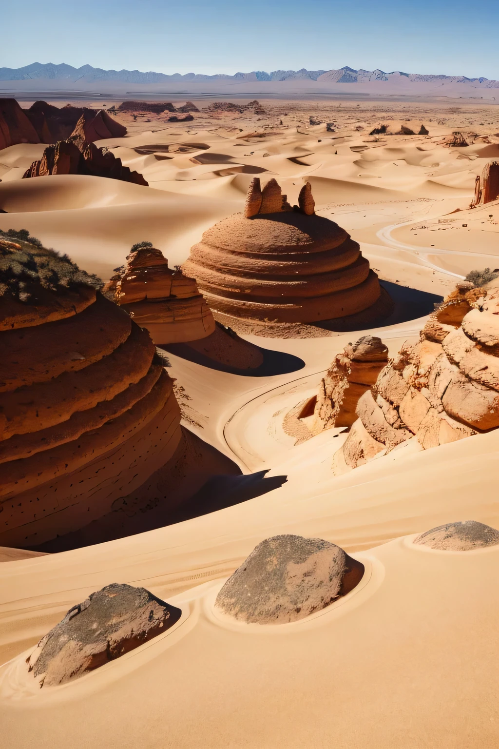 a giant desert with rocks and mountains 