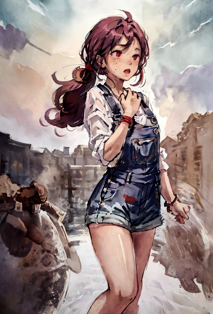 high detail, girl, school, dark skin, country girl, freckles, apron, pony tail, pink hair, black barrette, curly hair, upper arm, denim overalls, short pants, troubled eyebrows, thick thigh, calf, necklace, bracelet, anklet, (red eyes)+, , fantasy, (surprised face), open mouth, inner thigh, full-body shot, (erotic), (almost naked)