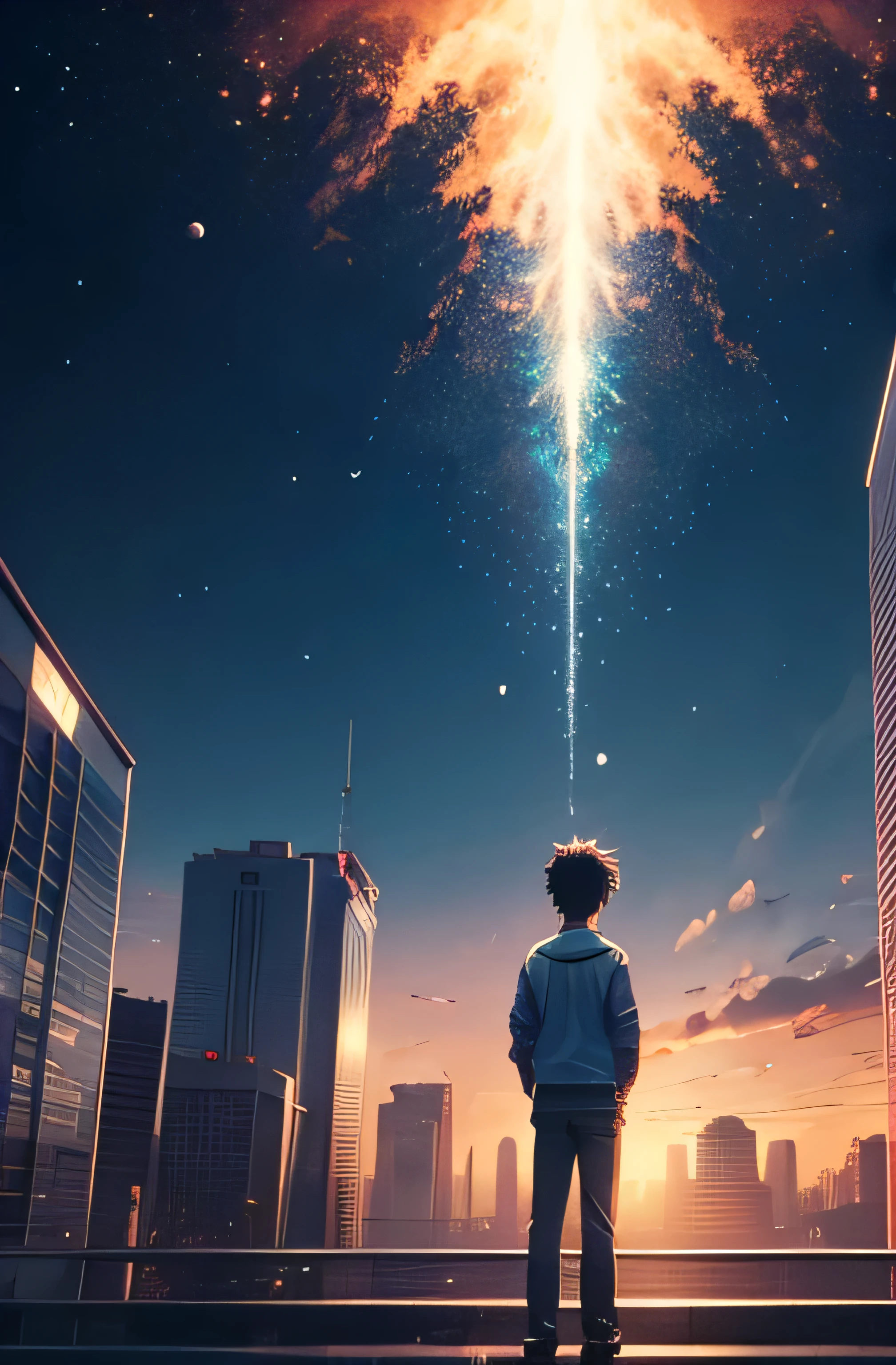 a boy standing in the middle of a city with bubbles floating in the air high detailed black hair, bubbly scenery, colorful anime movie background, floating bubbles, escaping air bubbles, anime background art, dreamy psychedelic anime, beautiful anime scene, beautiful anime scenery, anime background, bubbly underwater scenery, bubbles in the air.
