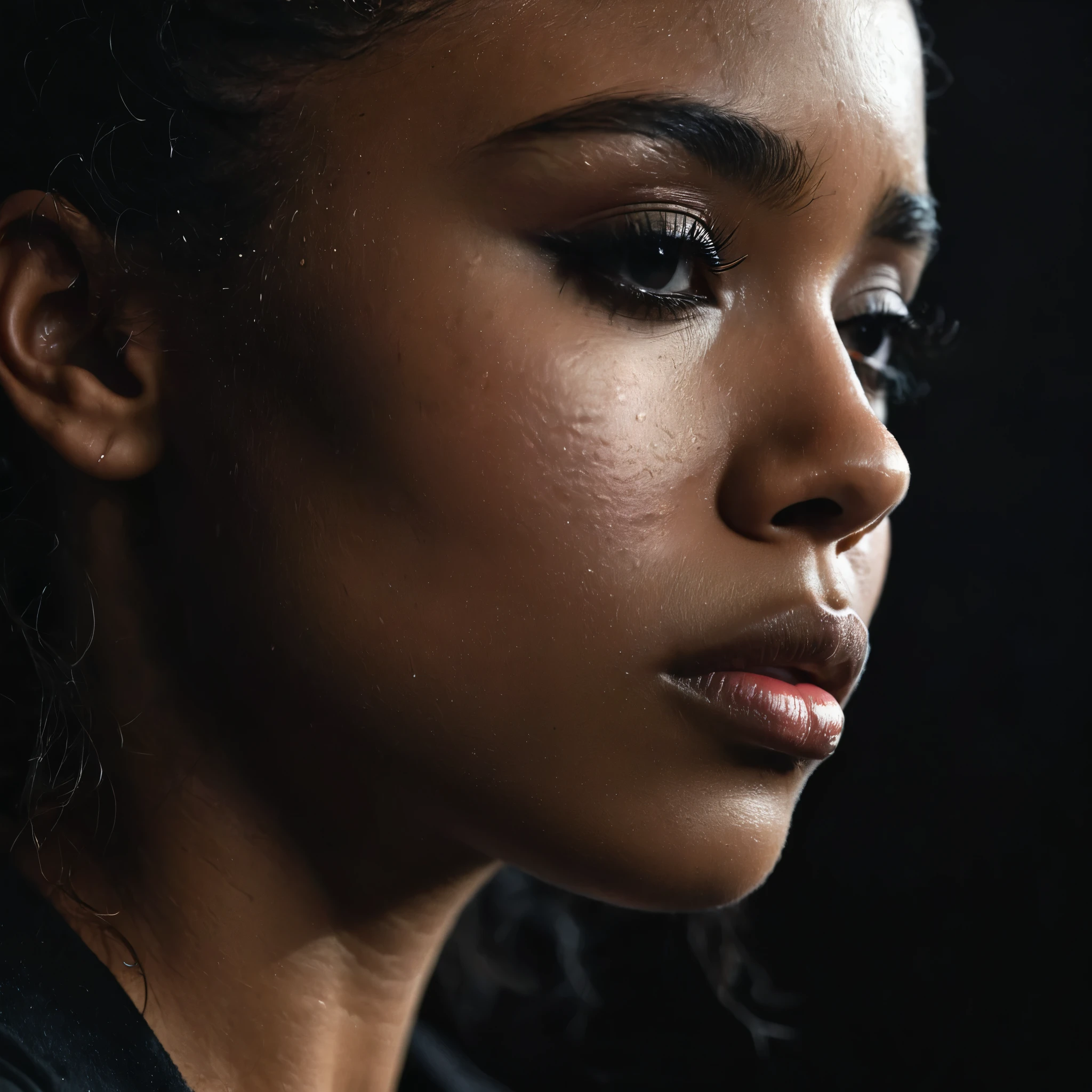 close up and zoomed in on a beautiful depressed very sad emotional sad crying black girl and a black background, sad, depressed, emotional, close up on side profile only showing cheek and eyelight falling on face, noir photorealism, mysterious portrait of a woman, chiaroscuro portrait, close up on side profile, tinashe, zoe kravitz, zoomed in on tear drop, euphoria vibes, black and white, dark