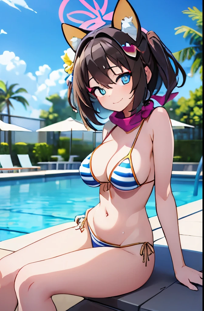 ((masterpiece)), ((best quality)), (ultra-detailed), anime style, pool, a cute girl, 1girl, solo, ((beautiful eyes)), smile, bikini00,