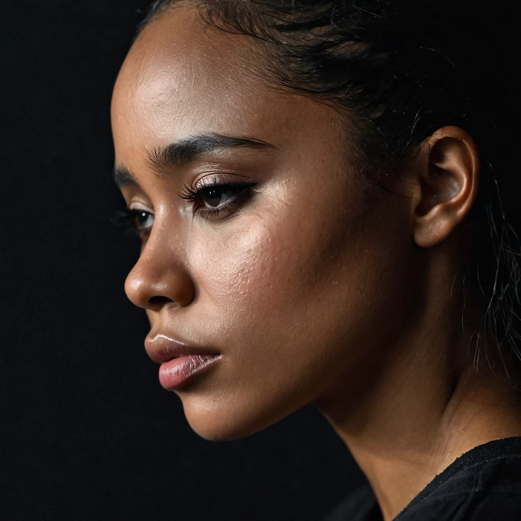 close up and zoomed in on a beautiful depressed very sad emotional sad crying black girl and a black background, sad, depressed, emotional, close up on side profile only showing cheek and eyelight falling on face, noir photorealism, mysterious portrait of a woman, chiaroscuro portrait, close up on side profile, tinashe, zoe kravitz, zoomed in on tear drop, euphoria vibes, black and white, dark