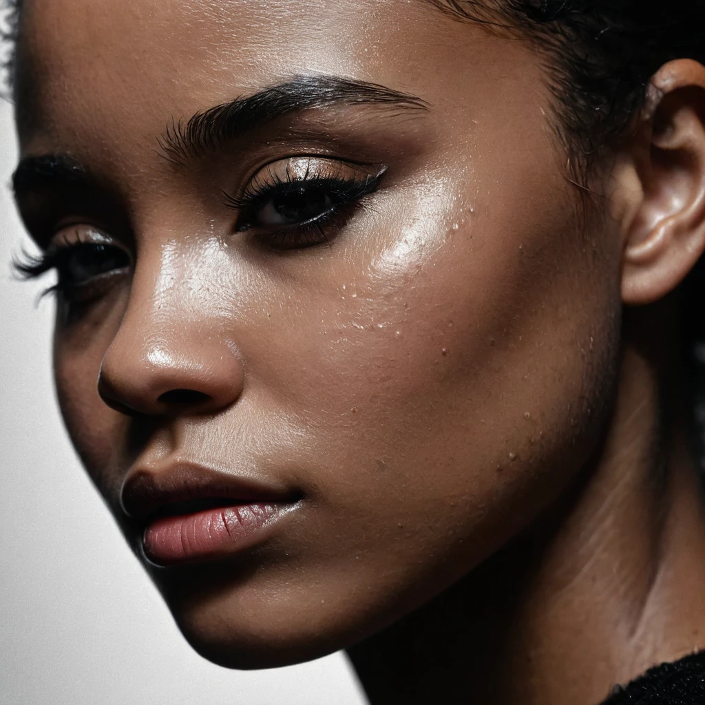 close up and zoomed in on a beautiful depressed very sad emotional sad crying black girl and a black background, sad, depressed, emotional, close up on side profile only showing cheek and eyelight falling on face, noir photorealism, mysterious portrait of a woman, chiaroscuro portrait, close up on side profile, tinashe, zoe kravitz, zoomed in on tear drop, euphoria vibes, black and white, dark