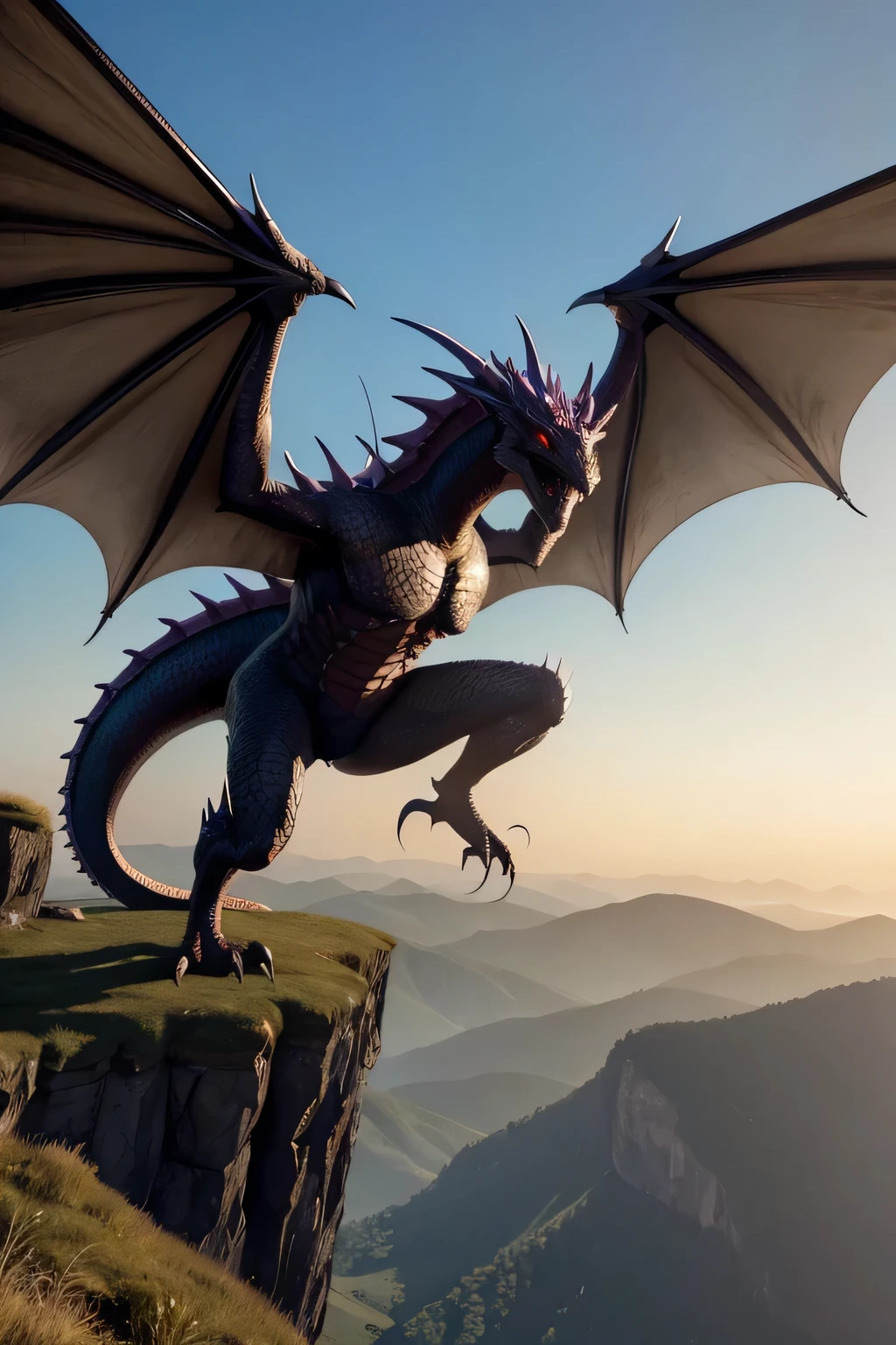a scary RPG fantasy dragon,he is on top of a cliff
