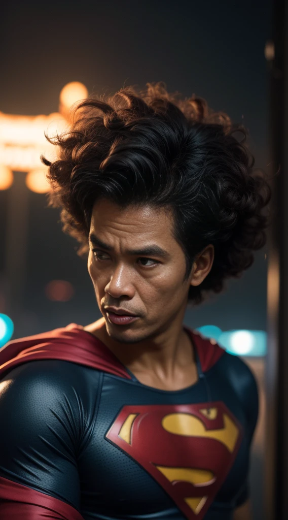 a 70 years old malay man in superman costume outfit with big afro hair standing in front of a bustling crowded night club holding a big colorful lollipop, night, serious face, nighttime, in superman movie style, hyper - realistic photography, dramatic effect, smoke effect in background, dark color grading, full body, 8k, close - up shot, extreme close - up photo