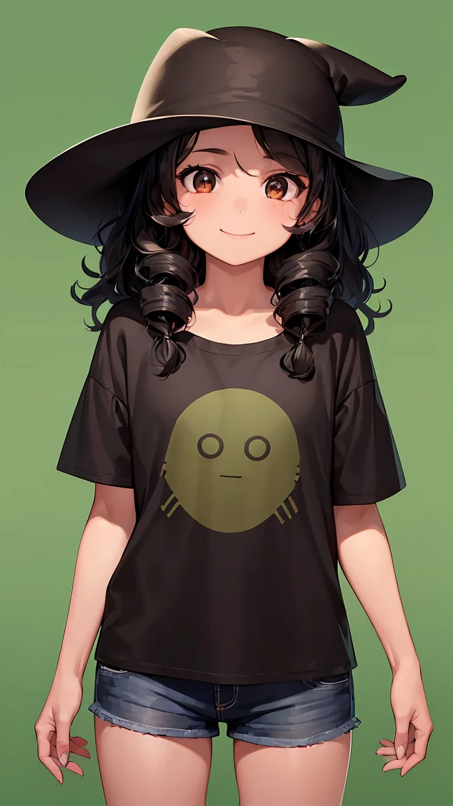 (Girl1,10 years old,cowboy shot,brown eyes,black hair,long hair curly),((black skin)),t-shirt,short pants,smile,green background,hd,highly detailed