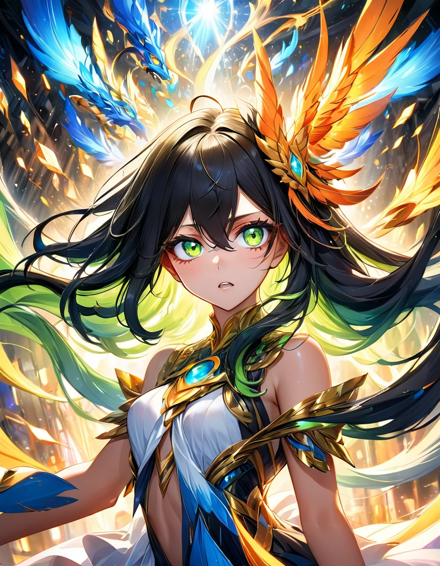 atmosfera orange diamond terror dark furious evil Venom In a mesmerizing cascade of color and light, an enchanting anime fenix green girl candroites viewers with her ethereal beauty. Her delicate features are framed by cascading locks of shimmering long golden black hair, her wide, expressive eyes big BLUE red radiating with emotion. A digital painting brings this stunning character to life, depicting her in intricate detail with a seamless blend of realism and fantasy. Every brushstroke and pixel showcases the artist's skill and dedication, making this image a