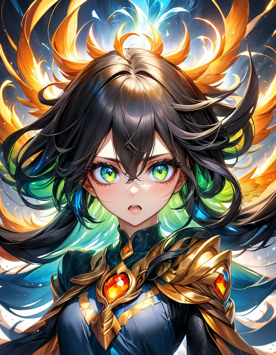 atmosfera orange diamond terror dark furious evil Venom In a mesmerizing cascade of color and light, an enchanting anime fenix green girl candroites viewers with her ethereal beauty. Her delicate features are framed by cascading locks of shimmering long golden black hair, her wide, expressive eyes big BLUE red radiating with emotion. A digital painting brings this stunning character to life, depicting her in intricate detail with a seamless blend of realism and fantasy. Every brushstroke and pixel showcases the artist's skill and dedication, making this image a