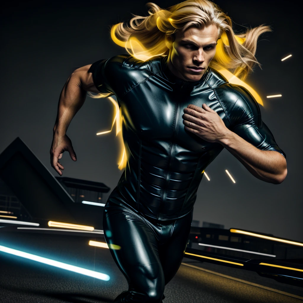 A muscled young beauty man wearing dark gray latex with brilliant yellow hologram ancient unknown characters projected by the suit on the air around him. He has a very long blonde and golden hair. Ultrarealistic Art in 4k. He IS running on a speed light and left behind him E=MC2 and 299 792 458 floating on the air.