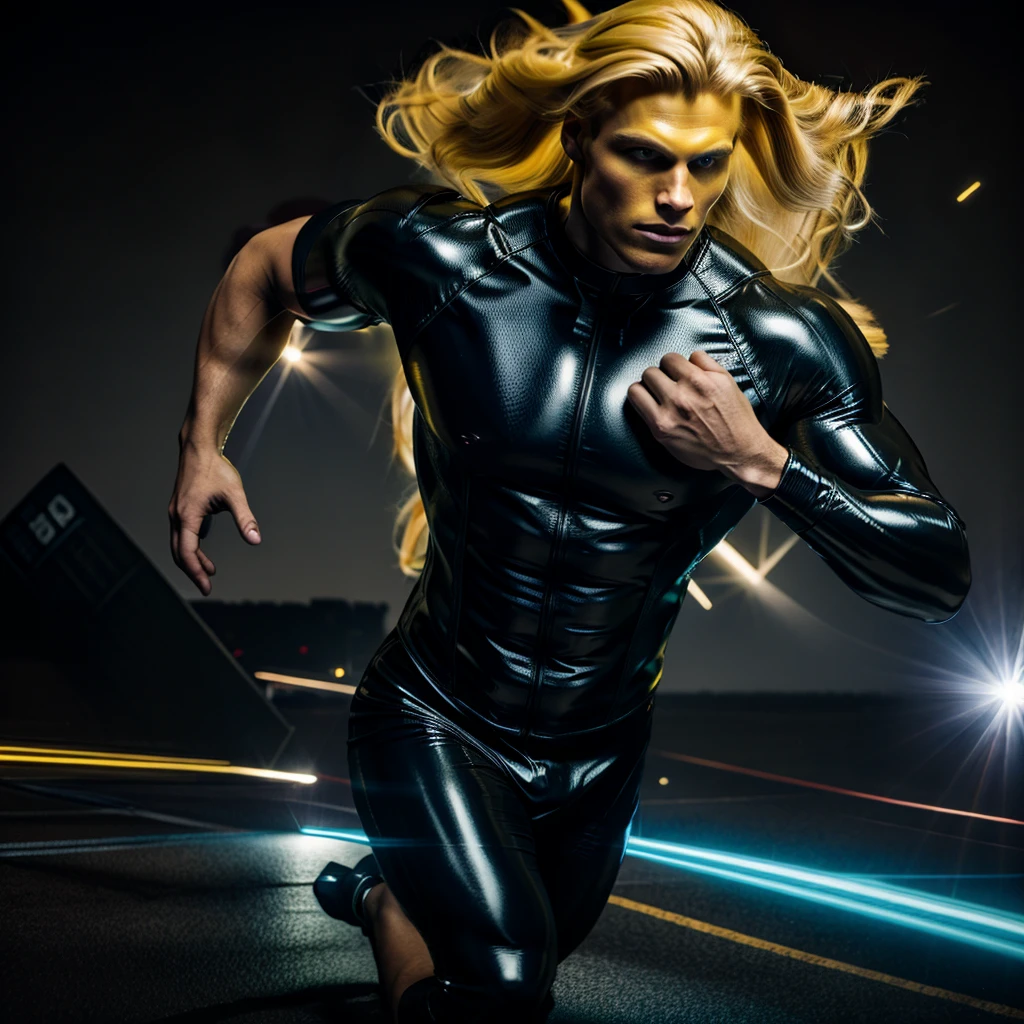 A muscled young beauty man wearing dark gray latex with brilliant yellow hologram ancient unknown characters projected by the suit on the air around him. He has a very long blonde and golden hair. Ultrarealistic Art in 4k. He IS running on a speed light and left behind him E=MC2 and 299 792 458 floating on the air.