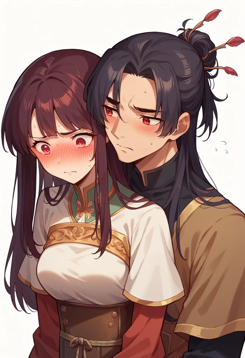 1 girl, adult girl, red red eyes, (beautiful female red eyes),.long haircut, (синие hair) , indignant eyebrows, (Medium breasts),(((blush))), (embarrassed),check_9, check_8_up, check_7_up, check_6_up, Anime, (sprint),(((absolutely white background:1.3))), ((( hugs a barrel:1.2)))
