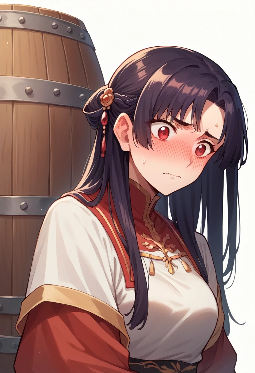 1 girl, adult girl, red red eyes, (beautiful female red eyes),.long haircut, (синие hair) , indignant eyebrows, (Medium breasts),(((blush))), (embarrassed),check_9, check_8_up, check_7_up, check_6_up, Anime, (sprint),(((absolutely white background:1.3))), ((( hugs a barrel:1.2))) 
