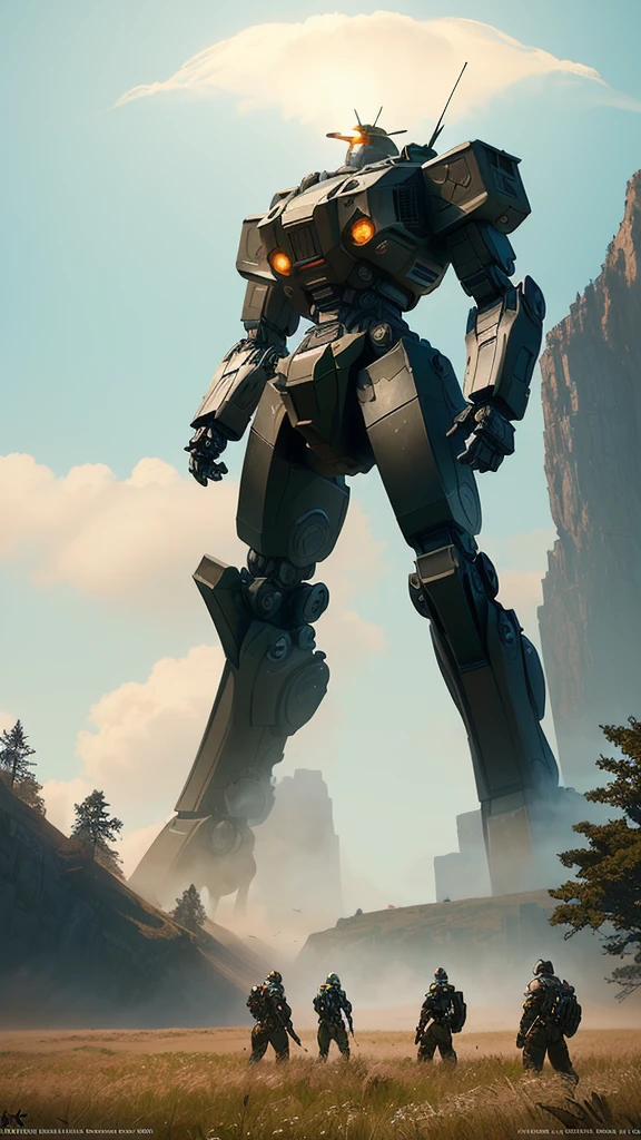 a group of people standing around a giant robot in a field, wojtek fus, fps game concept art, epic fantasy sci fi illustration, sergey kolesov concept art, jessica rossier fantasy art, concept art 4 k, concept art 4k, epic digital concept art, concept art wallpaper 4k, futuristic tank is on fire, concept art for a video game