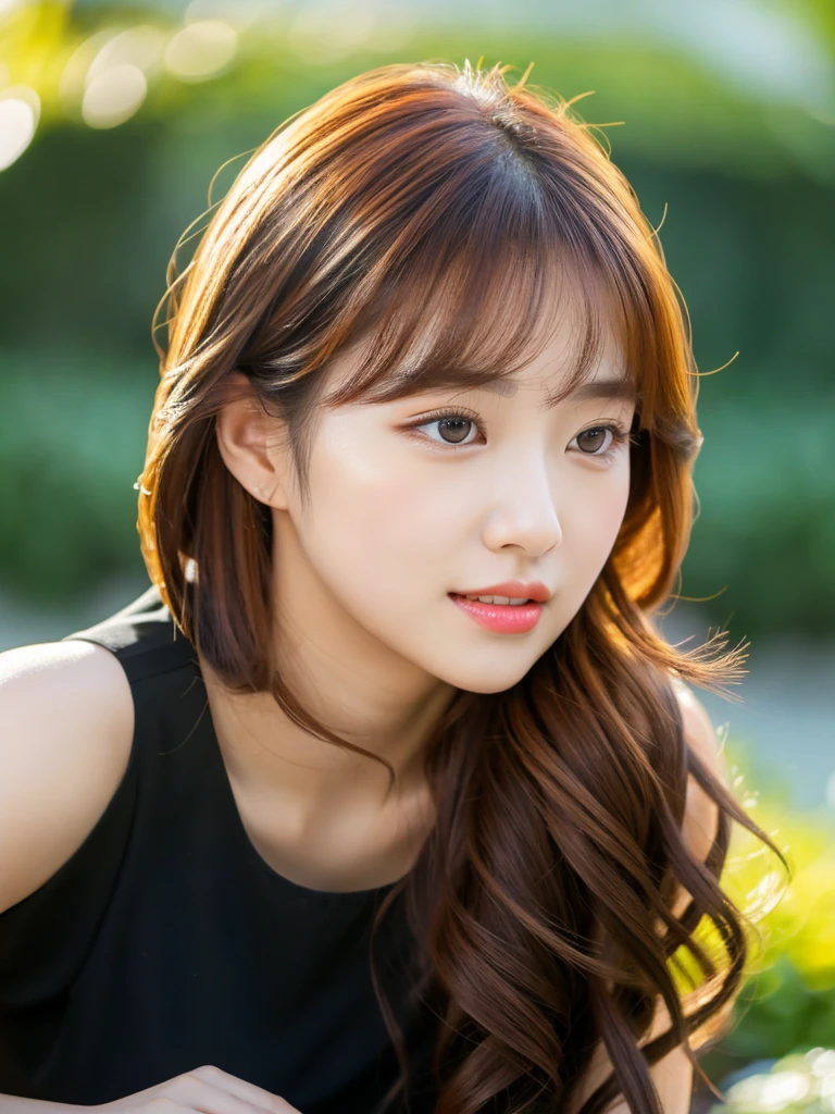 Kwon Eun-bi is a young Korean woman in her 28s. She short at the height of the back and a little curled. She has her back-length hair, a little curled and coppery red in color.
She face is slightly shorter than it is long, which carry a warm , expressive face. Her skin is radiant and clear, presenting an impeccable state of health and her curved lips.
Large, brown eyes are expressive and captivating.
She height is medium, her natural body and defined made up of proportional curves. with the most charming and provocative. It matches their personalities.
She is wearing a black dress, while the evening light shines in the garden around her.
