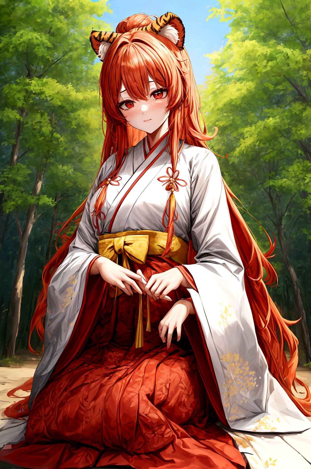 ((최고의 품질)), ((걸작)), (상세한), 여자 1명, Orange hair , Long and wavy flowing freely hair ,tiger ears on top of the head , red eyes , Calm and gentle eyes , Fair complexion skin , Traditional Korean hanbok , Cream-colored with intricate patterns and details hanbok , Full skirt typical of a hanbok , Complementary colors and patterns to the top, flowing gracefully hanbok , Forest , Daytime with clear skies , The character is standing gracefully in the forest, blending the traditional elegance of the hanbok with the serene natural surroundings