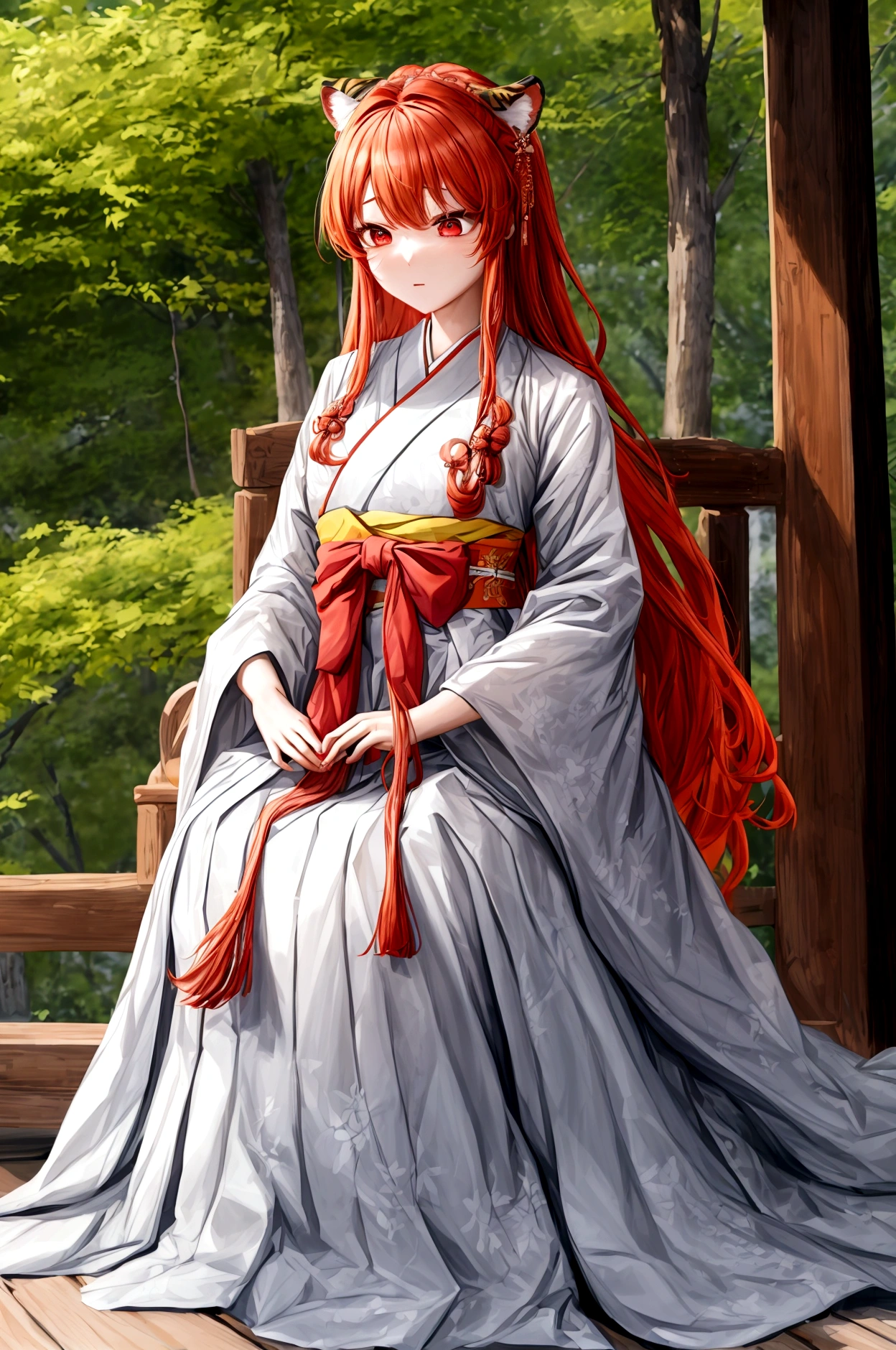 ((최고의 품질)), ((걸작)), (상세한), 여자 1명, Orange hair , Long and wavy flowing freely hair ,tiger ears on top of the head , red eyes , Calm and gentle eyes , Fair complexion skin , Traditional Korean hanbok , Cream-colored with intricate patterns and details hanbok , Full skirt typical of a hanbok , Complementary colors and patterns to the top, flowing gracefully hanbok , Forest , Daytime with clear skies , The character is standing gracefully in the forest, blending the traditional elegance of the hanbok with the serene natural surroundings