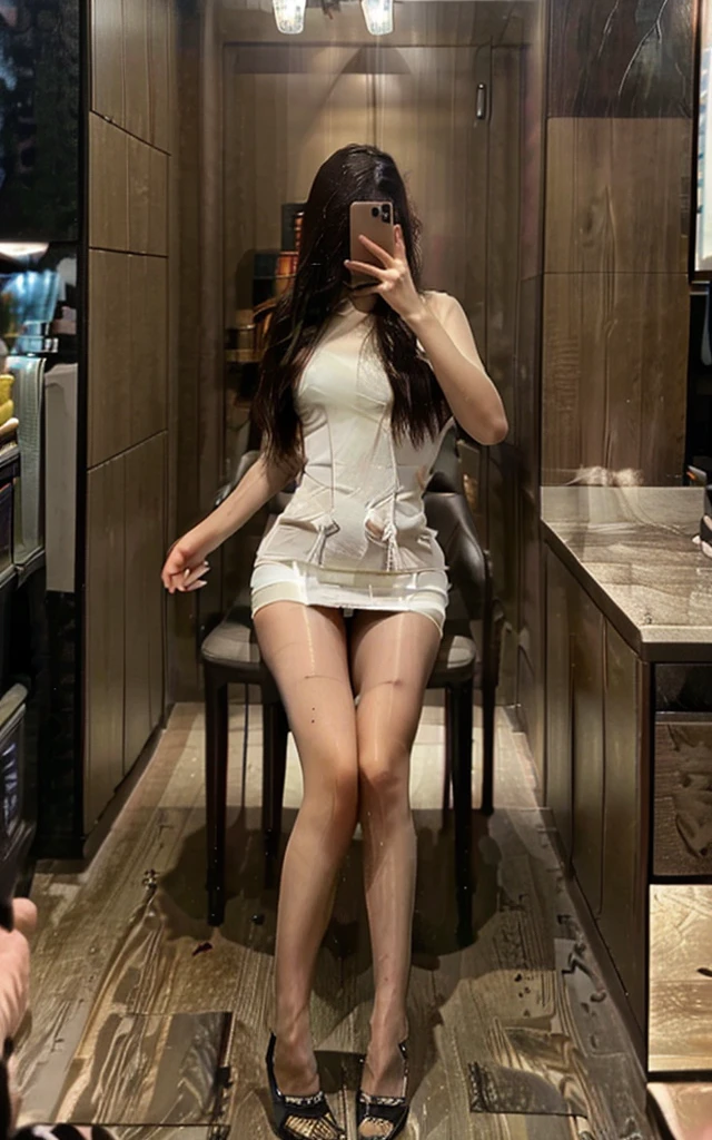 (RAW photo, best quality), (realistic, photo-realistic:1.4), masterpiece, blackish brownish hair extremely delicate and beautiful, Amazing, finely detail, extremely detailed CG unity 8k wallpaper, huge filesize, ultra-detailed, soft light, rim light, vibrant details, ((perfect hand:1.2)),((perfect legs)), blurry background, blurry foreground, depth of field, Take a selfie with phone in one hand and cover face, 1girl, ,full body, ((sexy)), iphone, selfie, pose,
