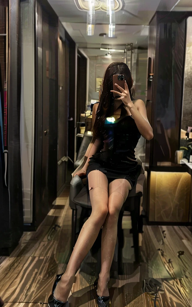 (RAW photo, best quality), (realistic, photo-realistic:1.4), masterpiece, blackish brownish hair extremely delicate and beautiful, Amazing, finely detail, extremely detailed CG unity 8k wallpaper, huge filesize, ultra-detailed, soft light, rim light, vibrant details, ((perfect hand:1.2)),((perfect legs)), blurry background, blurry foreground, depth of field, Take a selfie with phone in one hand and cover face, 1girl, ,full body, ((sexy)), iphone, selfie, pose,