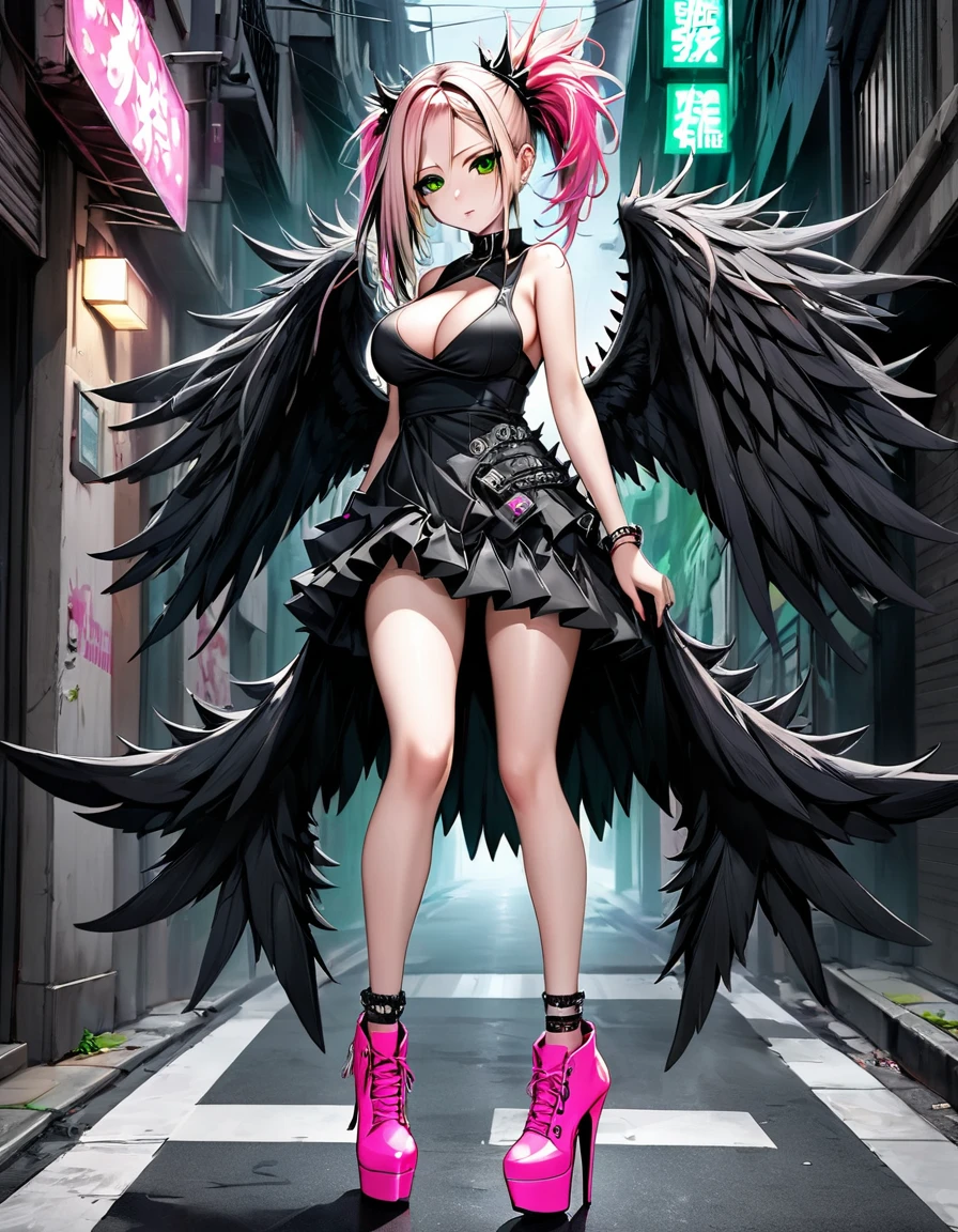 anime  Avril Lavigne+ Naruto girl sexy angels black wings big tits spiky mohawk hair dress V cuts walking on a gloomy dark street in gold high heels scared style photo realism, Fully detailed drawing in black and black and only the big green mangaka eyes 
