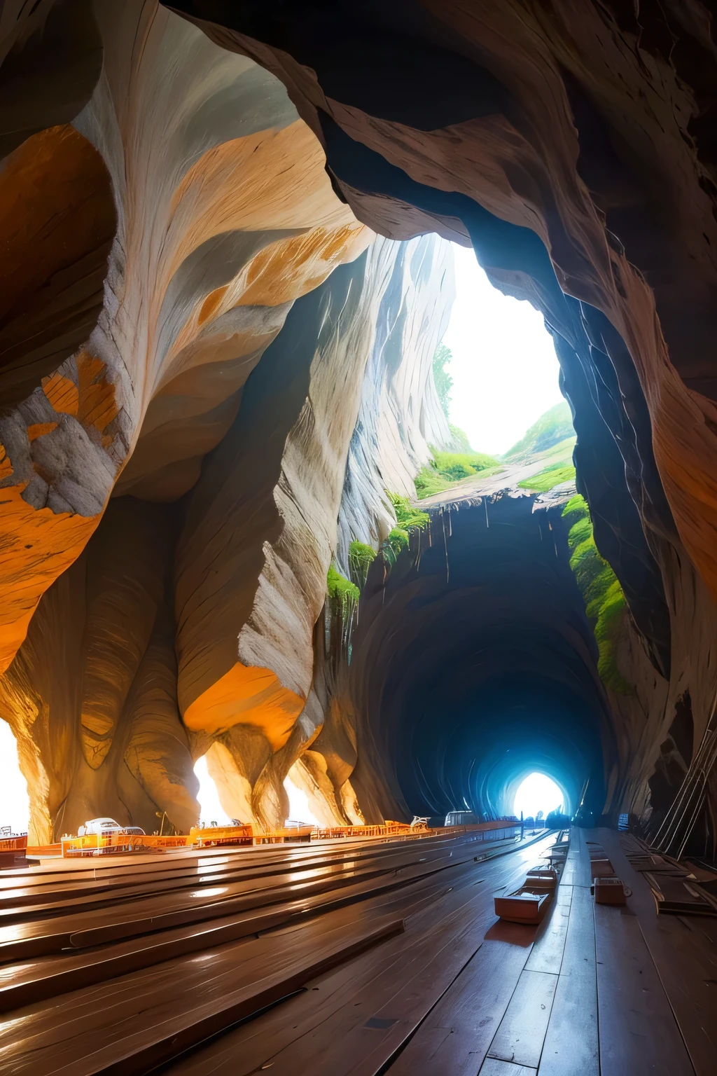 1 huge shipyard with wooden sailboats being built, the shipyard is inside a huge gigantic monumental cave similar to the Melissanthi Cave