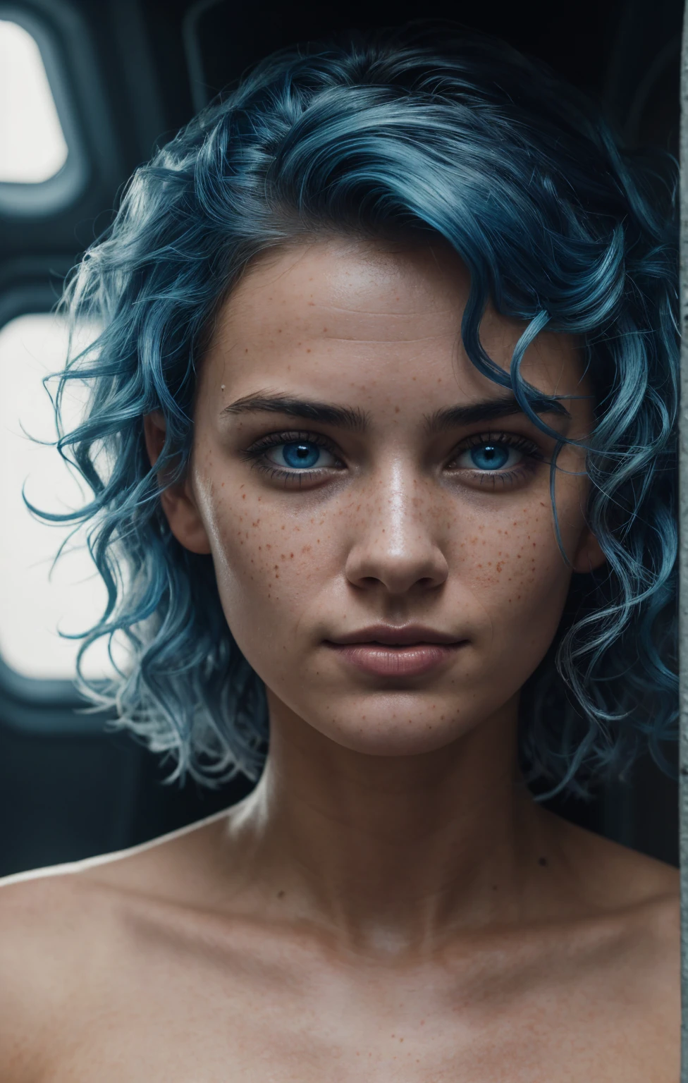 (Close-up, editorial photograph of a 21 year old woman), (highly detailed face:1.4) (smile:0.7) (background inside dark, moody, private study:1.3) POV, by lee jeffries, nikon d850, film stock photograph ,4 kodak portra 400 ,camera f1.6 lens ,rich colors, hyper realistic ,lifelike texture, dramatic lighting , cinestill 800, wavy hair, messy hair, curls, Short hair, Mischievous smirk, Blue hair, Blue Eyes, freckles, White Skin, Sci Fi, Spaceship, Cyberpunk, Futurism, Technocratic Union, Astral Plane, European expressions, European woman, European skin, naked, Athletic body