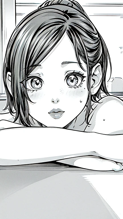 nude絵。One Mature Woman、A normal 70 year old lady from the neighborhood、Realistic facial wrinkles、voluminous shorthair、nude、Perfect Makeup、Red lips、(Japanese manga style, 超High resolution, 16K, High resolution, masterpiece), Very detailed, Perfect Anatomy, Beautiful eyes、Anatomically correct eyes、Correct eye position、Detailed face, Detailed eyes, Washing up in the kitchen、