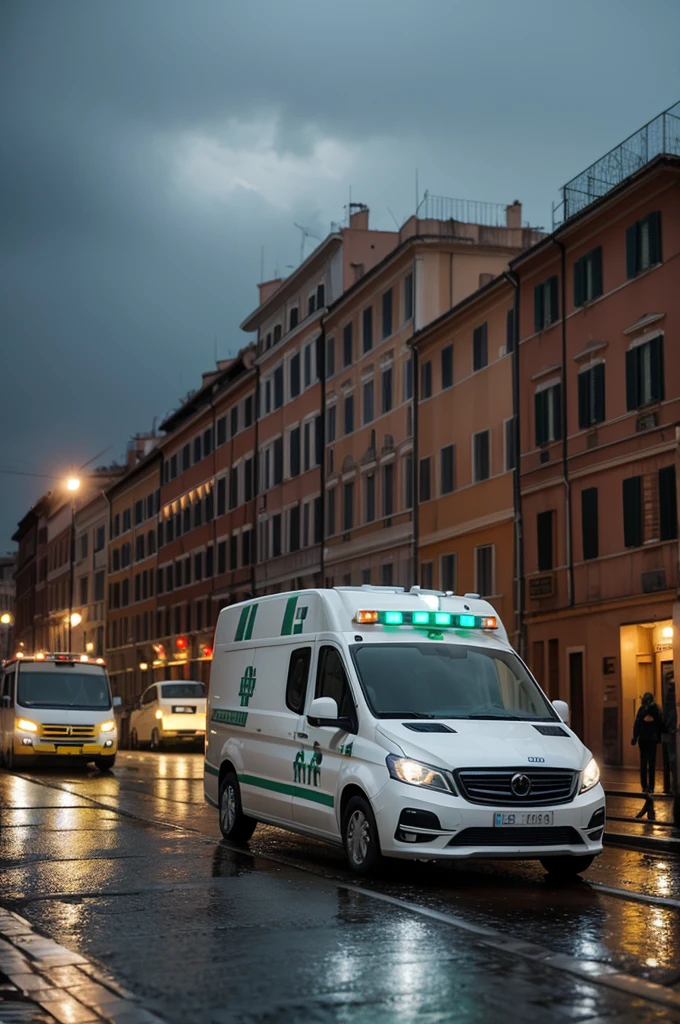 Ghost ambulance in Rome on a rainy night
