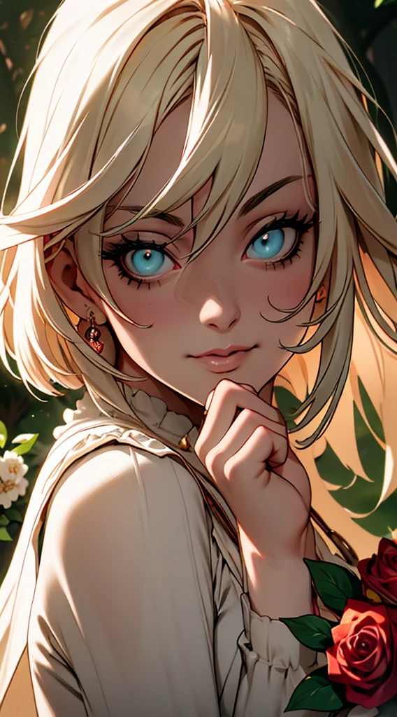 A beautiful girl with long blond hair, garnet eyes, and a delicate face, Alice Garnet Nakata, wearing an elegant Victorian-style dress, standing in a lush garden with blooming flowers, (best quality,4k,8k,highres,masterpiece:1.2),ultra-detailed,(realistic,photorealistic,photo-realistic:1.37),extremely detailed face and eyes,highly detailed skin,beautiful detailed eyes,beautiful detailed lips,intricate detailed dress,ornate Victorian garden,vibrant colors,soft lighting,cinematic composition,elegant,ethereal